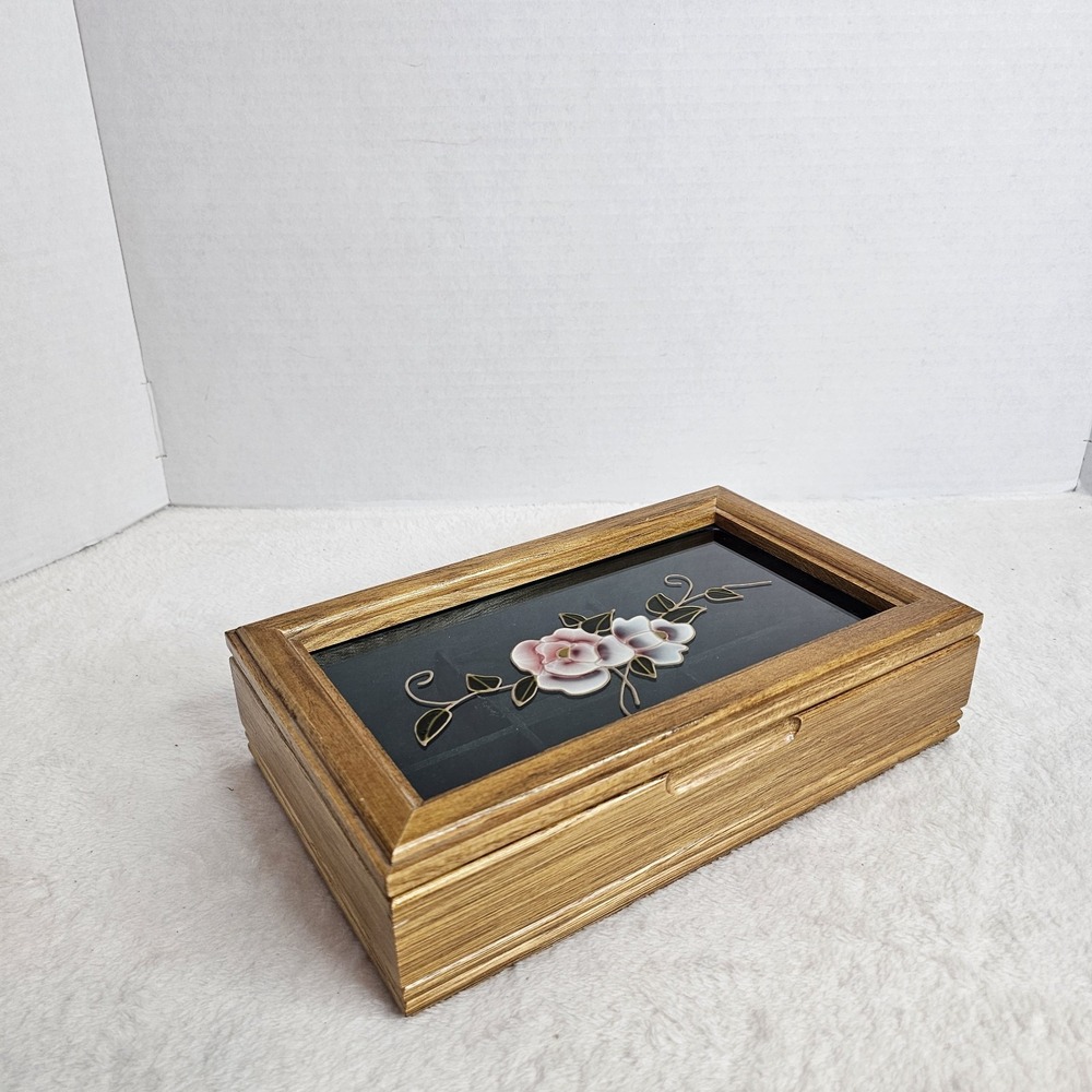 Vintage Wooden And Glass Hand Painted Jewlery Box